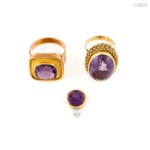 KONVOLUT AMETHYST-SCHMUCK 3-tlg. Gelbgold, Pl…