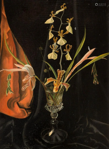 W. KERN Active c. 1940 Orchids Oil on panel. 40 x 3…