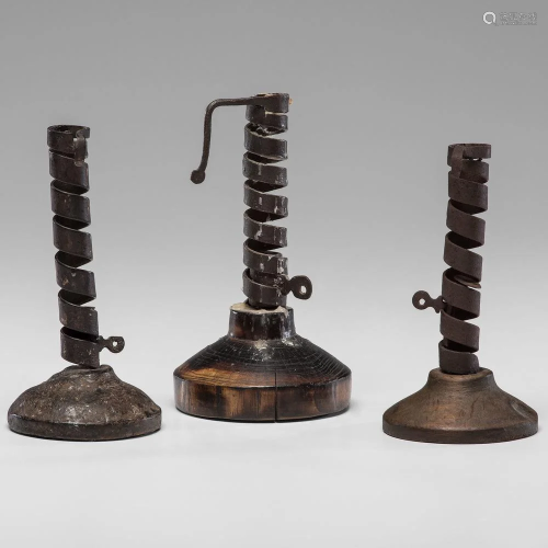 Three Wrought Iron Adjustable Spiral Candlesticks