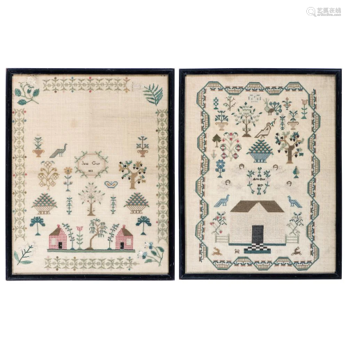 A Pair of Pictorial Embroidered Needlework Sam…
