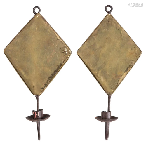 A Pair of Hammered Brass and Iron Candle Sconces