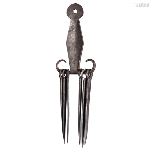 A Set of Six Wrought Iron Hearth Skewers and Holder