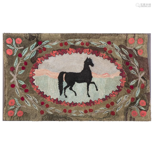 A Horse and Floral Decorated Hooked Rug