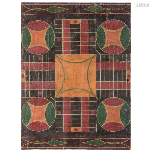 A Polychrome Paint Decorated Pine Parcheesi Board