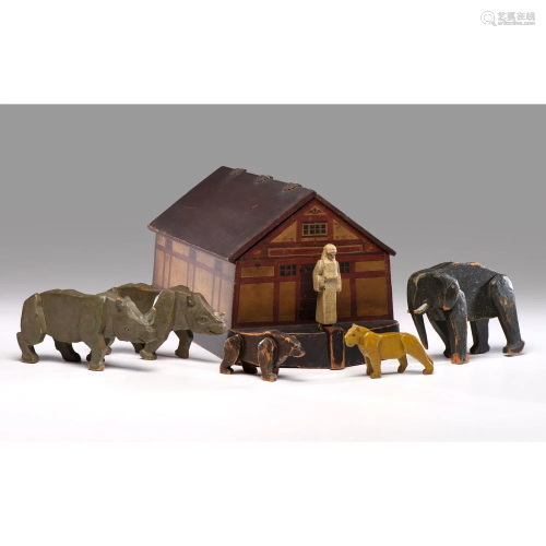 A Carved and Painted Wood Noah's Ark Toy with Fi…