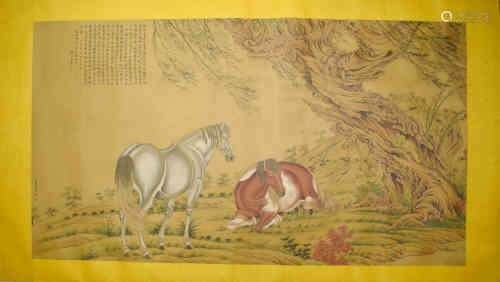 A Chinese Horse Silk Scroll, Shining Lang Mark