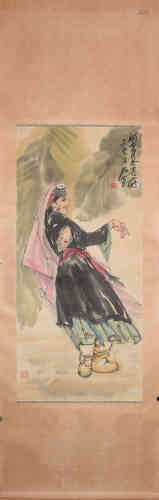 A Chinese Xinjiang dance Painting, Zhou Huang Mark
