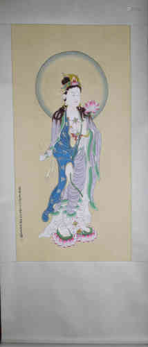A Chinese Guanyin Bodhisattva Silk Scroll, Daqian Zhang Mark