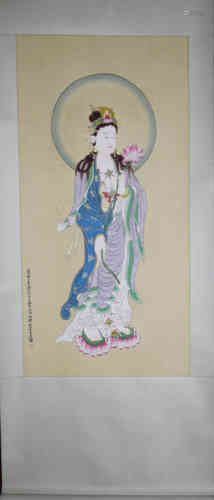 A Chinese Guanyin Bodhisattva Silk Scroll, Daqian Zhang Mark