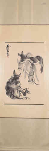 A Chinese 4 Donkey Painting, Zhou Huang Mark