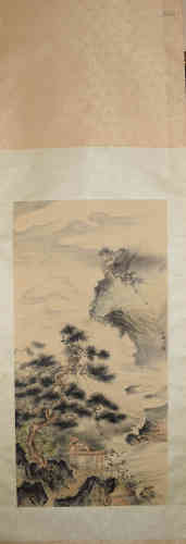 A Chinese Landscape Silk Scroll, Yefo Hu Mark