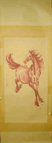 A Chinese Vermilion horse Painting, Beihong Xu Mark