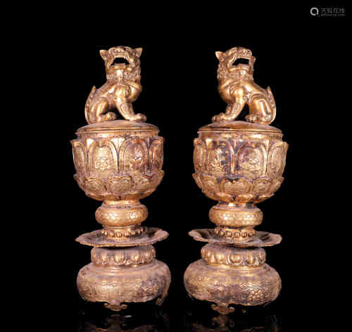 A Pair of Chinese Bronze Gilding Incense Burners