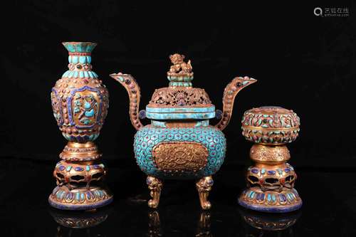 A Chinse Gem Mosaic Bronze Gilding Ornament 3pcs(Vase,Conser,Box)