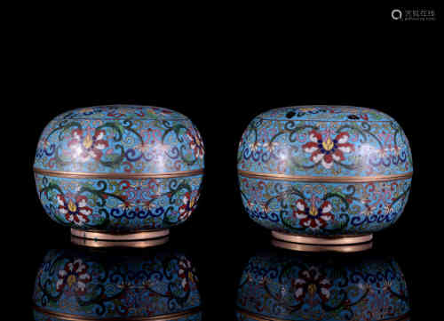A Pair of Chinese Bronze Cloisonne Powder Boxes