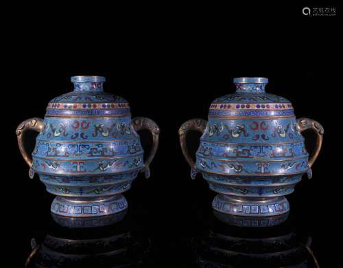 A Pair of Chinese Bronze Cloisonne Jars with Double Ears