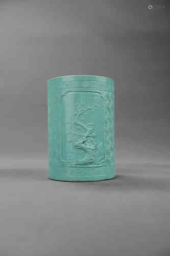 A Chinese Pine Glaze Empaistic Brush Pot