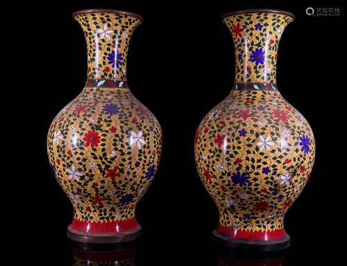 A Pair of Chinese Bronze Cloisonne Vases