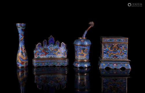 A Chinese Bronze Cloisonne “scholar's four jewels” (writing brush, ink stick, ink slab and paper)