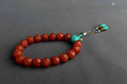 A Chinese Red Agate Hand String 18 Beads