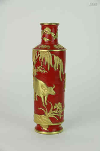 A Chinese Red Glaze Gilding Porcelain Censer