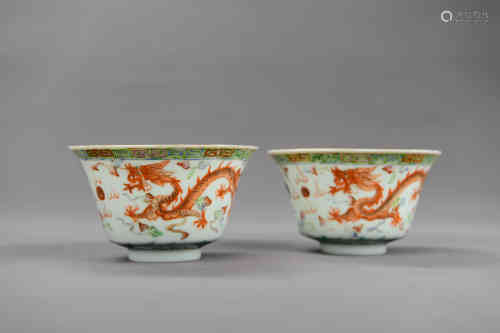 A Pair Of Gragon&Phoenix Pattern Porcelain Cups