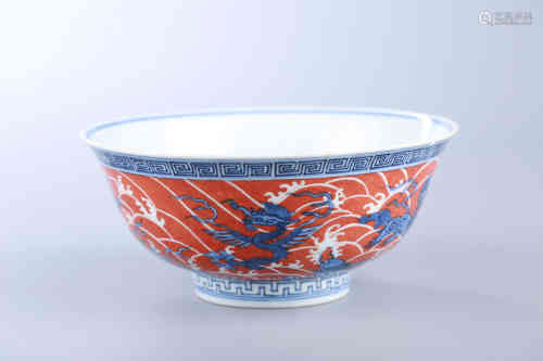A Chinese Blue And White Alum Red Porcelain Bowl