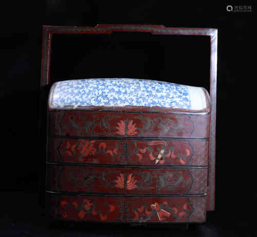 A Chinese Wood Food Box with Porcelain Cover.