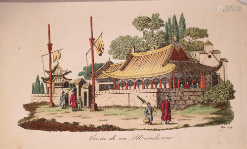 Print 1824 coloured by hand house mandarin China