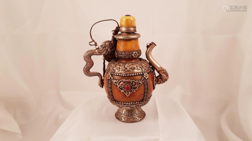 Tibetan buddhist kettle 18th Amber Silver Silk