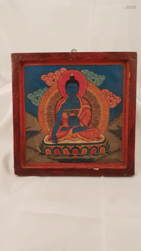 Wood Painting Buddha Akshobya Nepal Tibet Wisdom