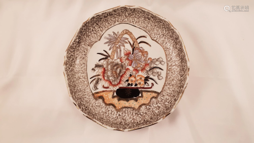 Japan porcelain dish flowers, gold enamel