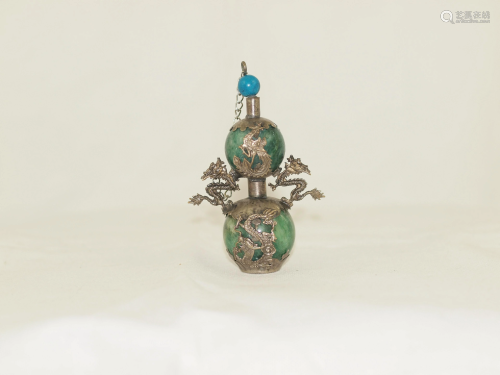 Chinese Bottle Silver Malachite Turquoise Dragons
