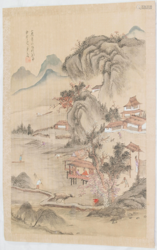 Chinese silk scroll rural scene ink and colour