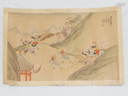 Chinese silk scroll battle painted ink and colour