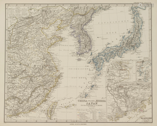 Map China Korea Japan 1875 coloured Petermann