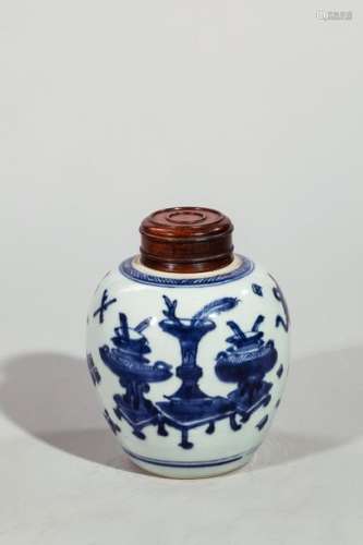 POT en porcelaine bleu, blanc à décor de vases fle…
