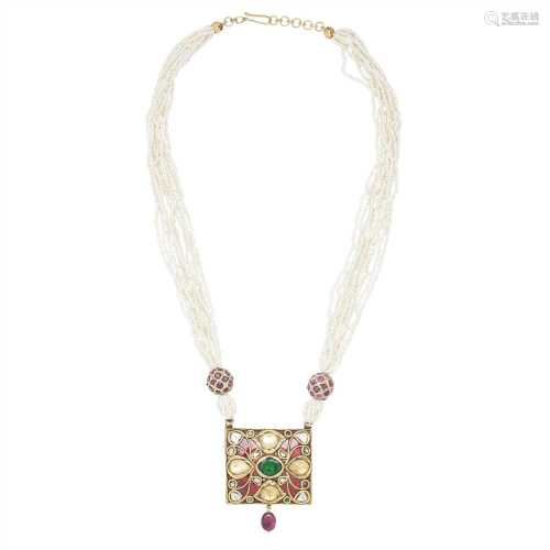 An Indian beryl, ruby and diamond set pendant necklace