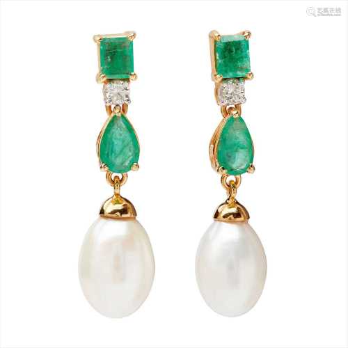 A pair of emerald, diamond and pearl set pendant earrings