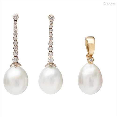 A pair of pearl and diamond set pendant earrings