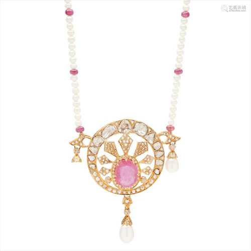 An Indian style ruby, diamond and pearl set necklace