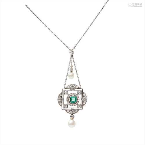 A Belle Époque emerald, diamond and pearl set pendant necklace