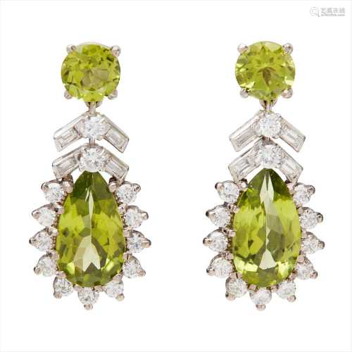 A pair of peridot and diamond cluster earrings