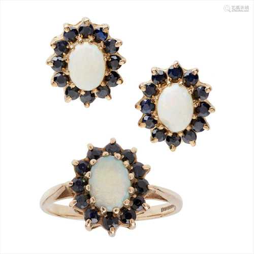 An opal and sapphire set cluster ring