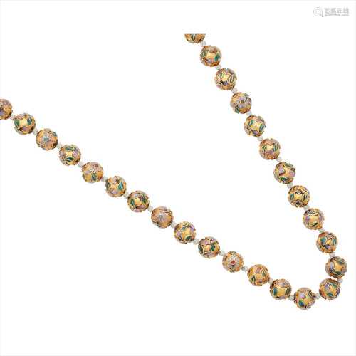 A gilt metal and enamelled bead necklace