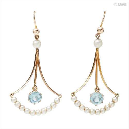 A pair of Edwardian aquamarine and pearl set pendant earrings