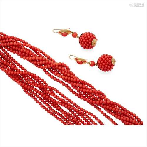 Y A multi-strand coral necklace