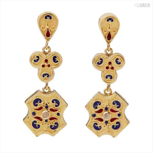 A pair of enamel and diamond set pendant earrings