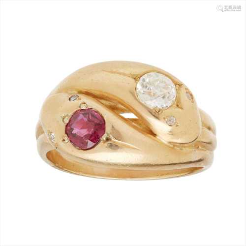 An early 20th century ruby and diamond snake ring