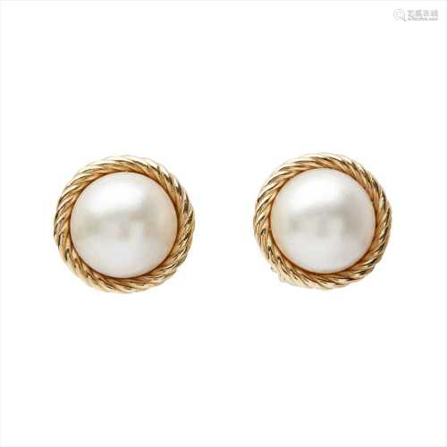 A pair of 18ct gold mabé set pearl ear clips